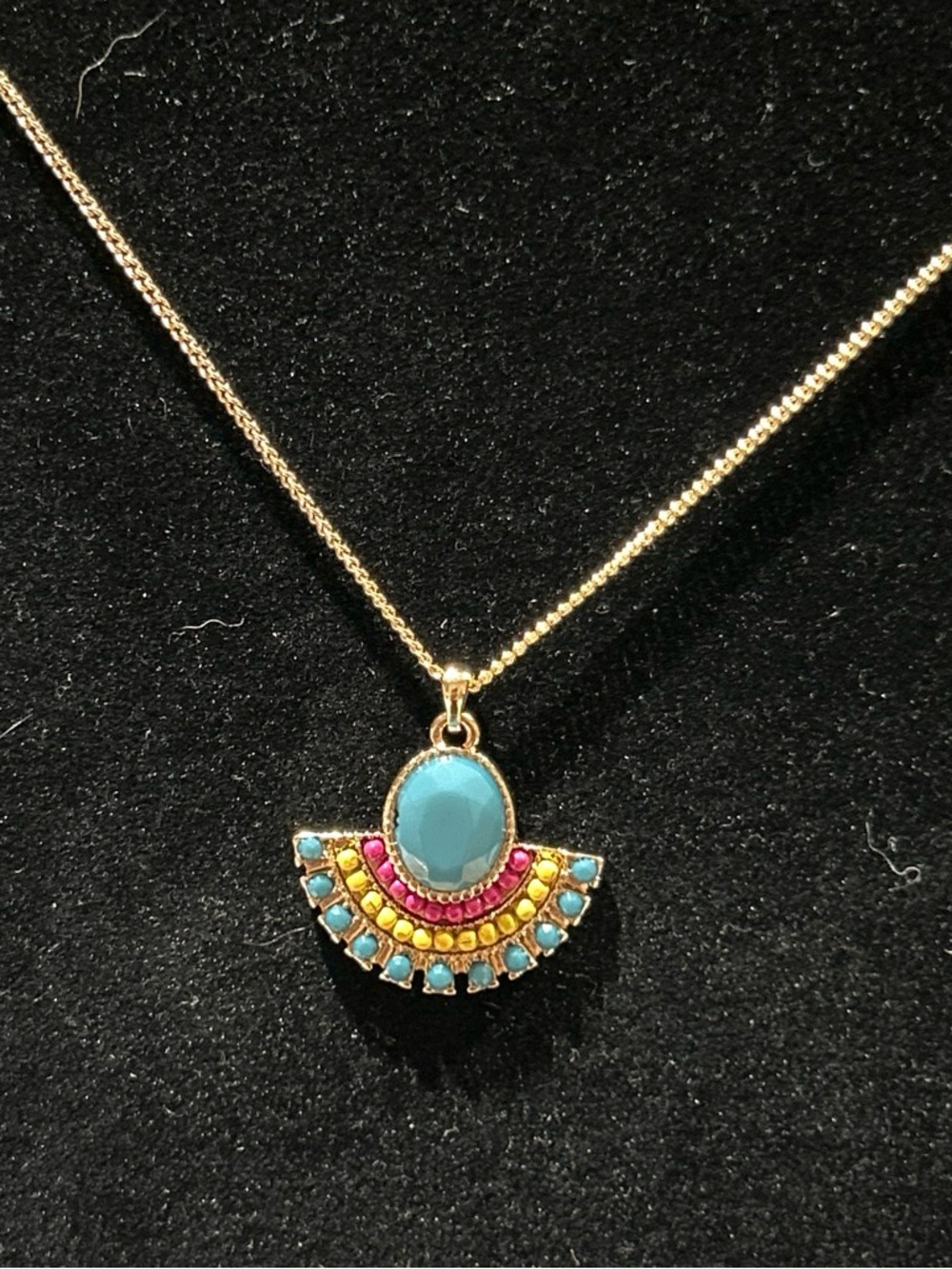 Gold-Tone Turquoise color & Pink Fan Pendant Necklace